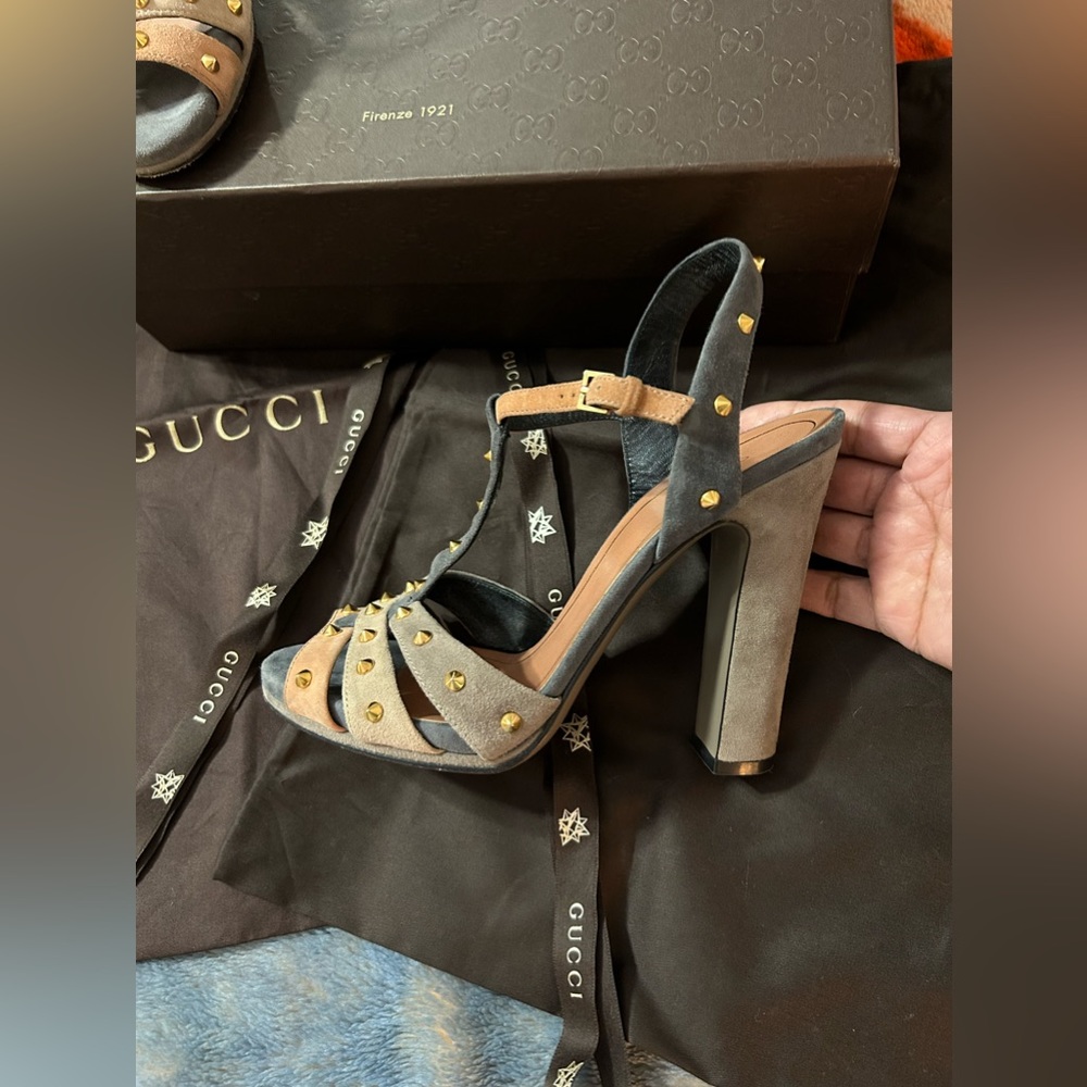 **SOLD** Gucci 5” Heeled Sandals w/ Gold Studs - EUC - Picture 3 of 10